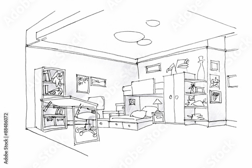 kids room sketch in black and white