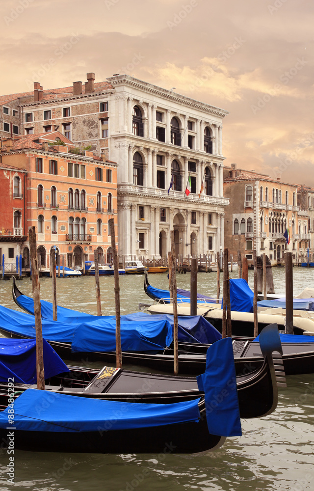 Gondolas on Venice's Grand Canal at Sunset