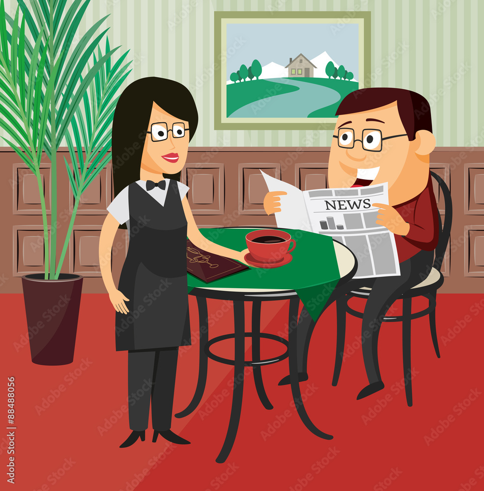 Fototapeta premium Nice waitress carries coffee young man reading a newspaper in a restaurant - vector simple illustration.