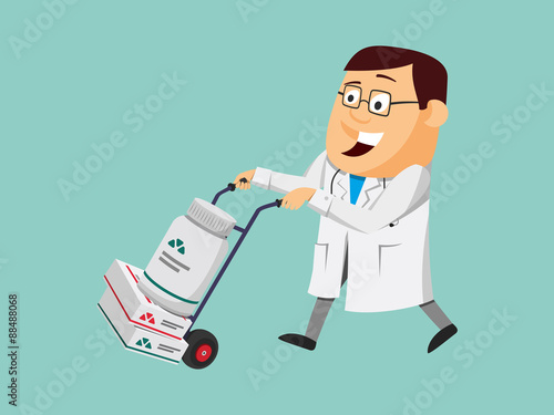 Funny doctor carries pills and tablets for patients. Pharmacy. Simple vector illustration.