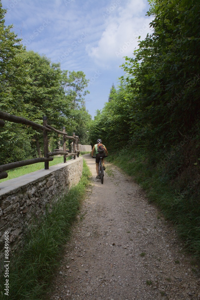 ciclista in mountain bike su sentiero di campagna in estate