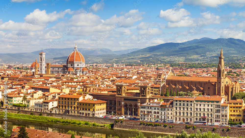 Florence panorama Cathedral Santa Maria Del Fiore and Basilica di Santa Croce from Piazzale Michelangelo (Tuscany, Italy)