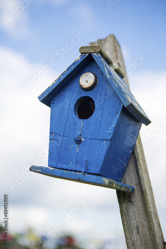 blue bird house in front of cloudy sky