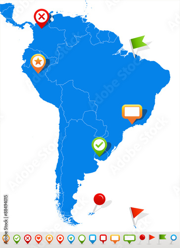 South America map and navigation icons - vector illustration .