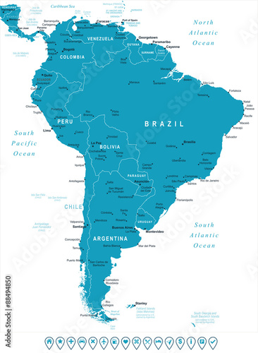 South America map - highly detailed vector illustration. Image contains land contours, country and land names, city names, water object names, navigation icons.
