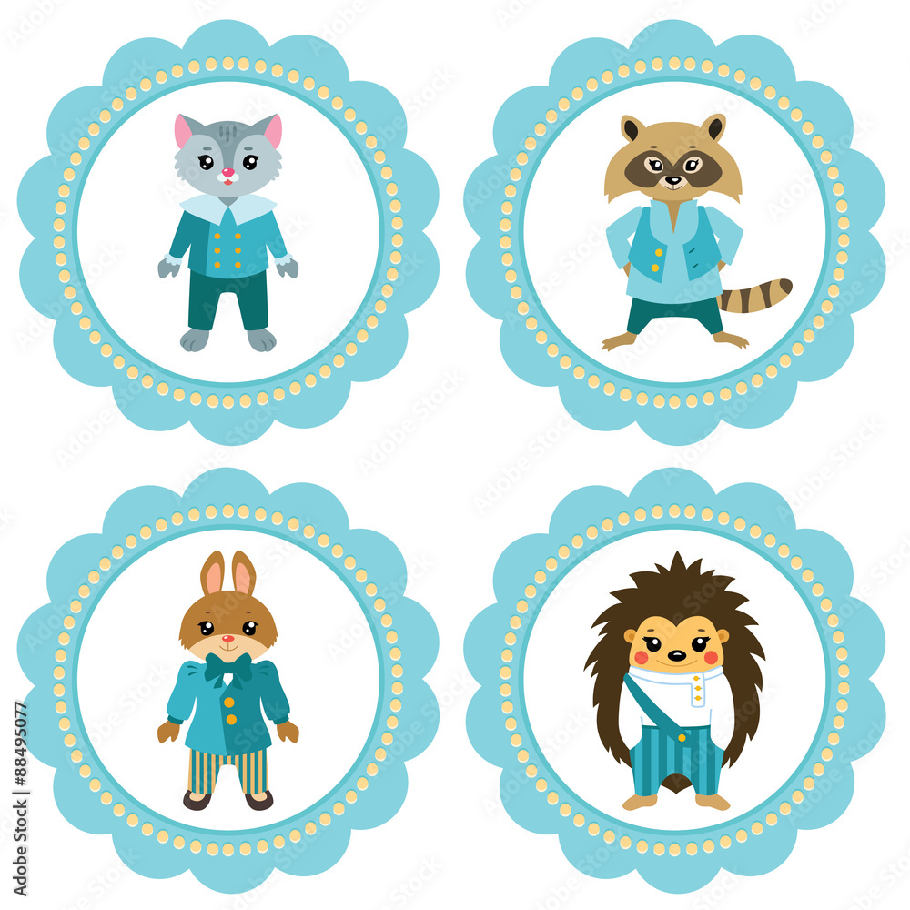Cute baby retro-styled labels with fairytale animals: hedgehog, raccoon, bunny and kitten Cute baby retro-styled labels with fairytale animals: hedgehog, raccoon, bunny and kitten