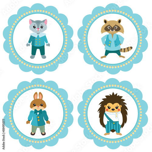 Cute baby retro-styled labels with fairytale animals: hedgehog, raccoon, bunny and kitten