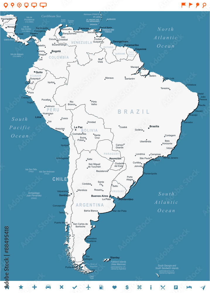 South America map - highly detailed vector illustration.Image contains land contours, country and land names, city names, water object names, navigation icons.