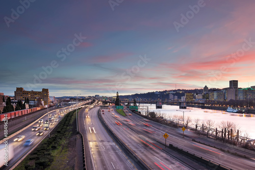 Portland Oregon Downtown Freeway Rush Hour Traffic at Sunset