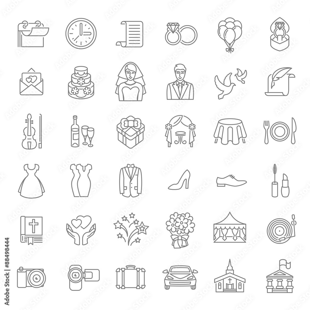 Set of modern flat linear vector wedding icons. Line art conceptual symbols of wedding party for web site, mobile or computer apps, infographic, presentation, promotional materials Set of modern flat linear vector wedding icons. Line art conceptual symbols of wedding party for web site, mobile or computer apps, infographic, presentation, promotional materials