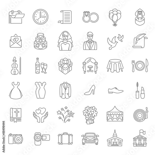 Set of modern flat linear vector wedding icons. Line art conceptual symbols of wedding party for web site, mobile or computer apps, infographic, presentation, promotional materials