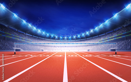 Photographie athletics stadium with race track finish view