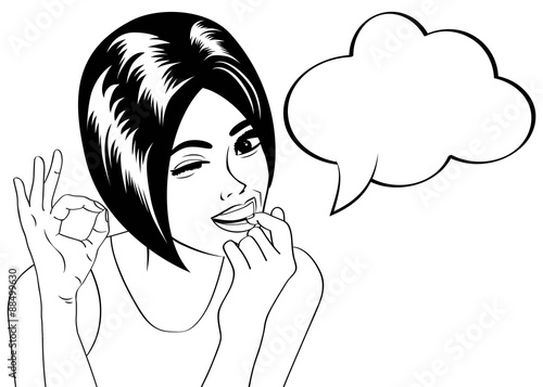 pop art cute retro woman in comics style in black and white