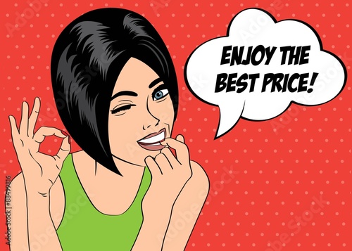 cute retro woman in comics style with message