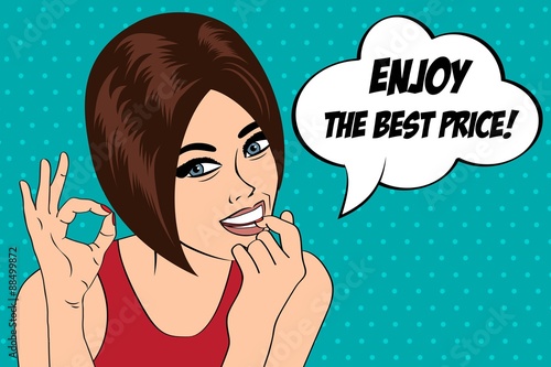 cute retro woman in comics style with message