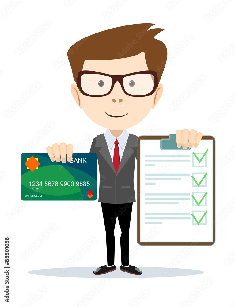 Cheerful man holding credit card and a contract. Cheerful man holding credit card and a contract.