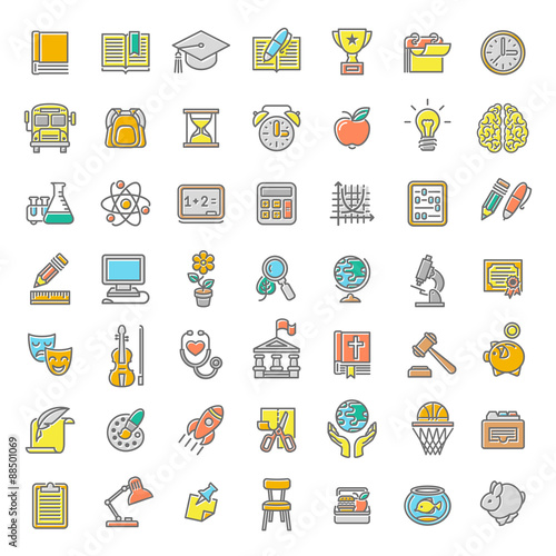 Set of modern flat line colorful vector icons of school subjects, activities, education and science symbols. Concepts for website, mobile or computer apps, infographics, presentations, promotion