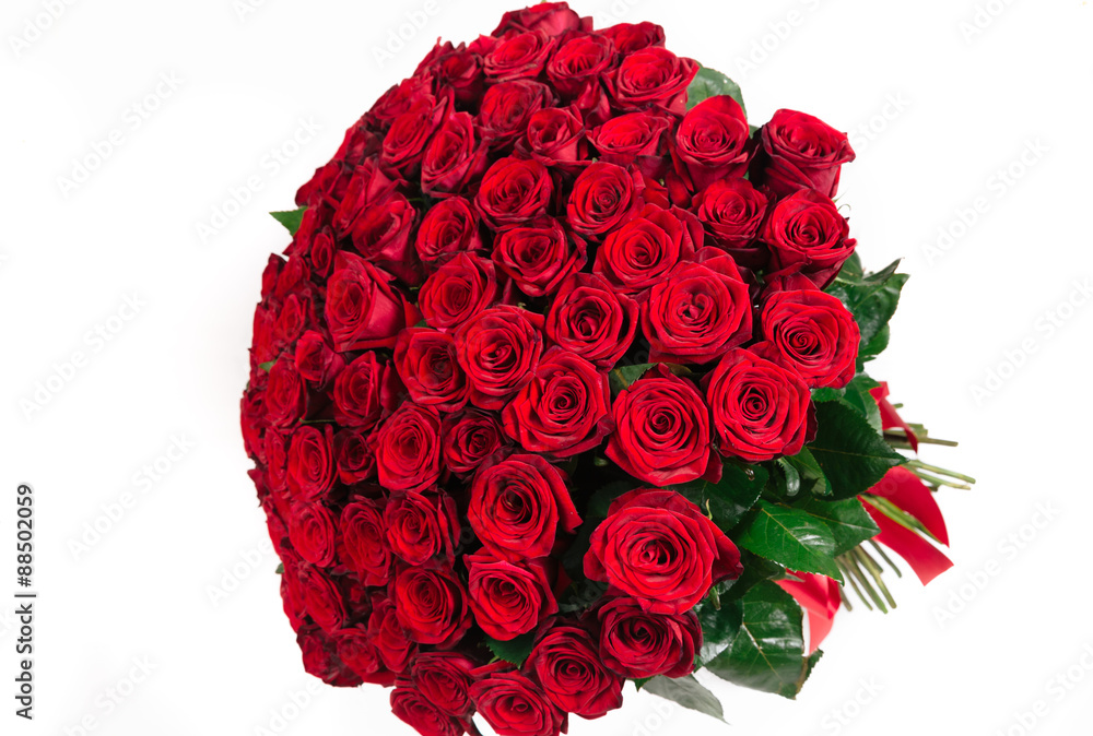 Isolated large bouquet of 101 red rose isolated on white - obrazy, fototapety, plakaty 