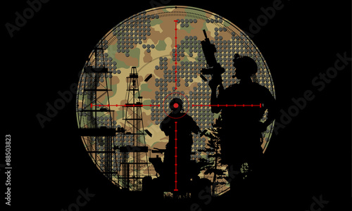 soldiers with oil plant on world map background
