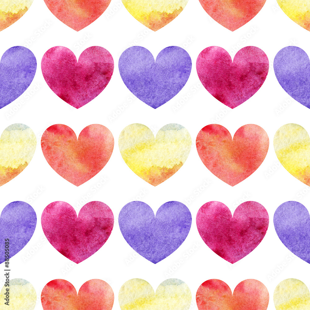 Watercolor colorful hearts seamless pattern background