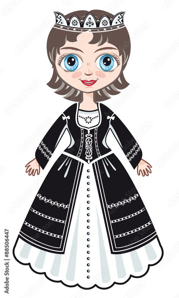the little Princess in a black ball dress. Historical clothes. Linear pattern on a white background.  Line drawing festive. Vector drawing
