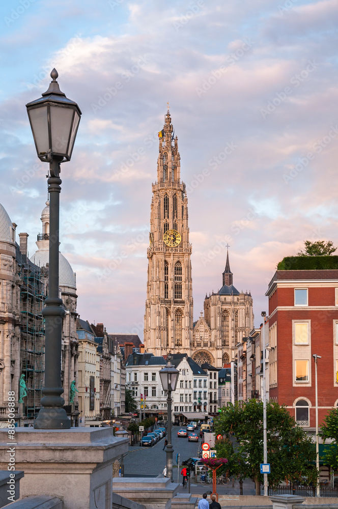 Cathedral of Our Lady and Suikerrui street in Antwerp, Belgium