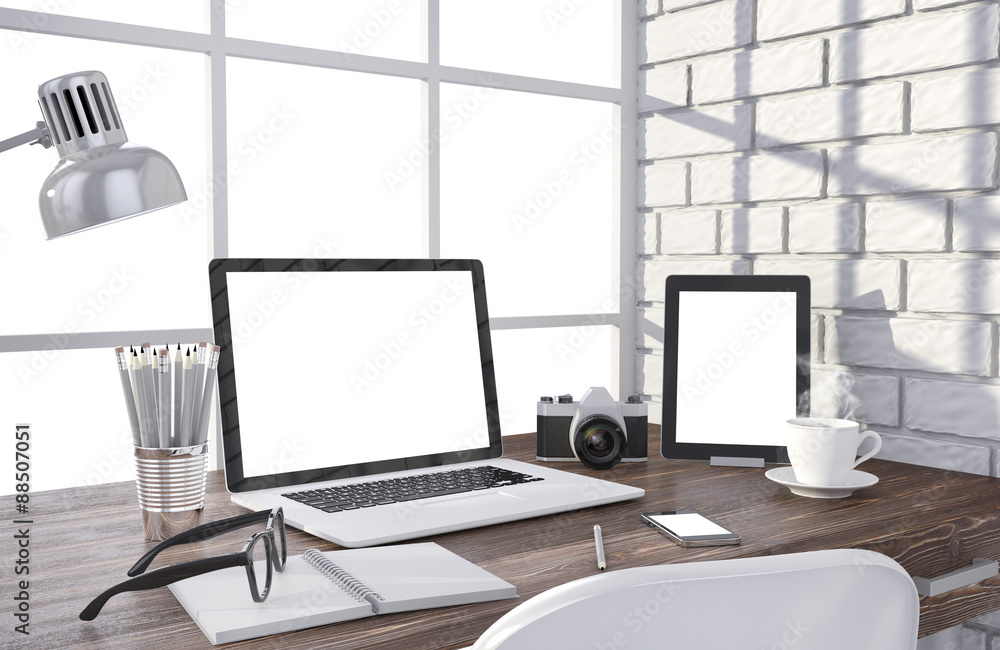 3D illustration laptopand work stuff on table near brick wall 3D illustration laptopand work stuff on table near brick wall