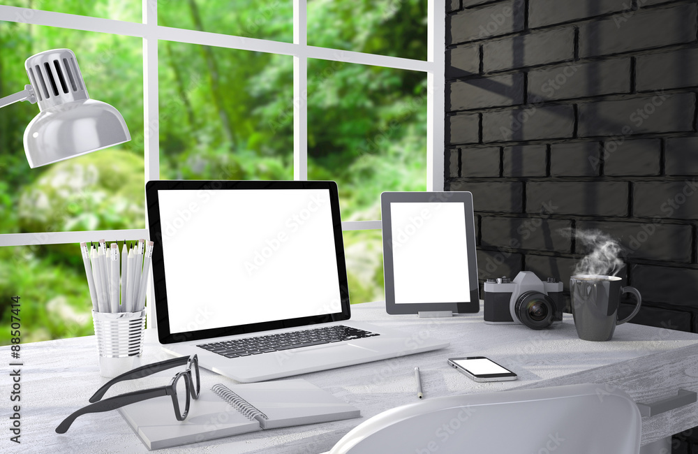 3D illustration laptopand work stuff on table near brick wall 3D illustration laptopand work stuff on table near brick wall