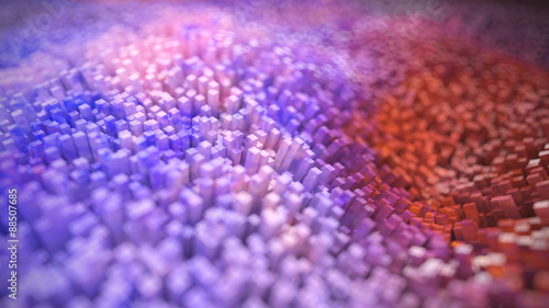 3 D render of various multicolored cubes formed in a abstract landscape. There is also low water level and cubes are appearing from. Colors dominating are orange and purple. 