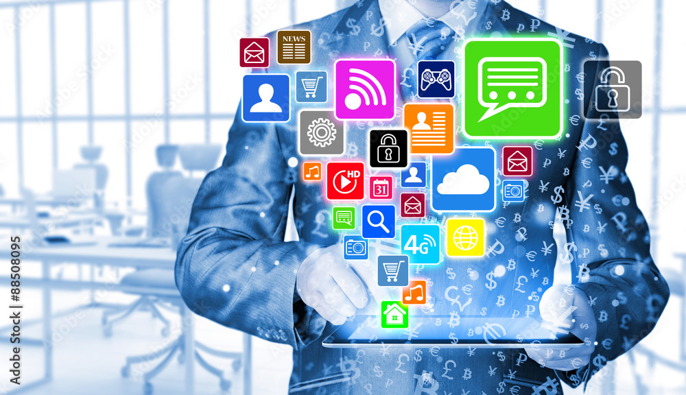 Business man using tablet PC with social media icon set Business man using tablet PC with social media icon set