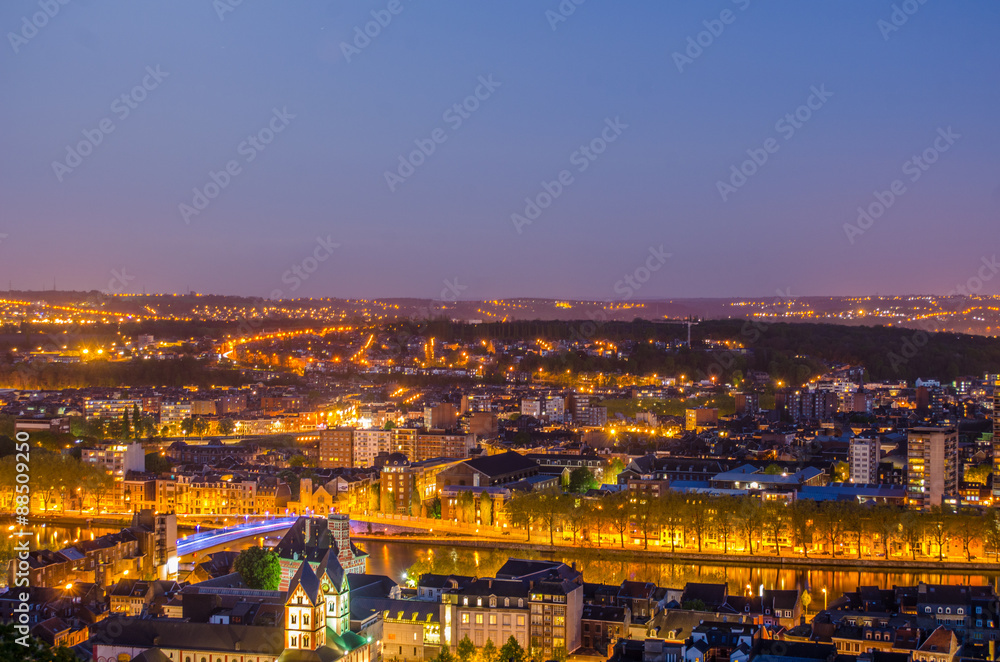 night panoramic view over city of liege in belgium from top of local citadel. - obrazy, fototapety, plakaty 