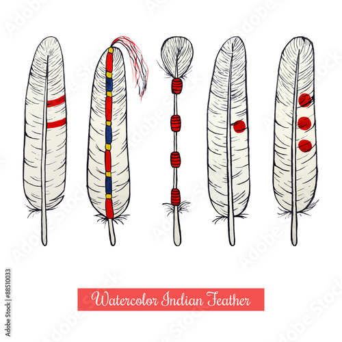 Collection of watercolor hand draw native american war feathers