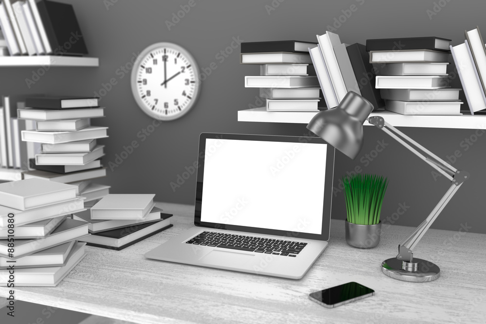 3D illustration laptop and books, Workspace 3D illustration laptop and books, Workspace