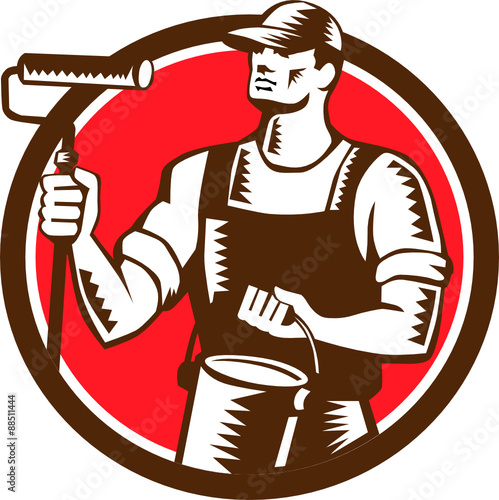 House Painter Holding Paint Roller Circle Woodcut