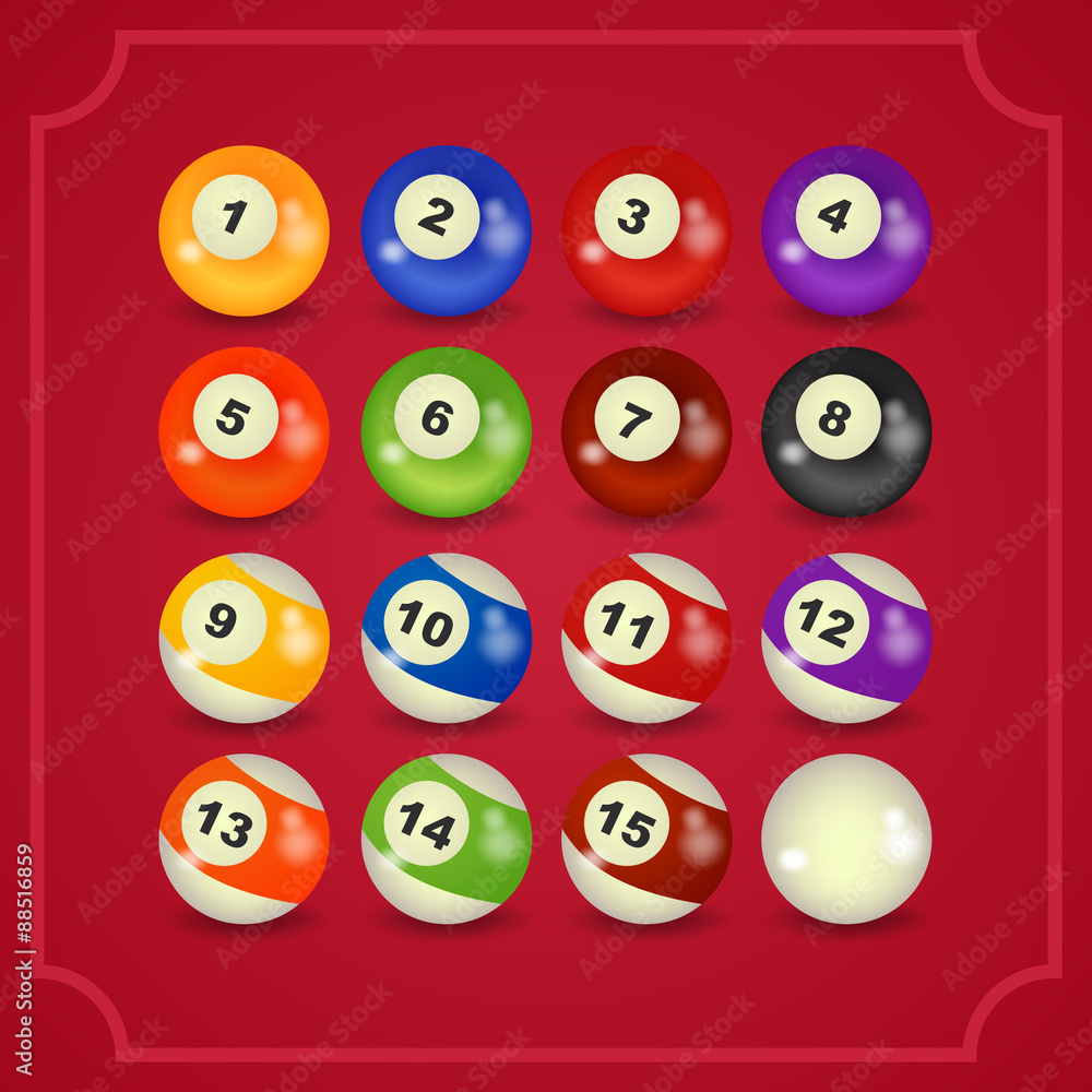set of billiard balls, billiards, American set of billiard balls, billiards, American
