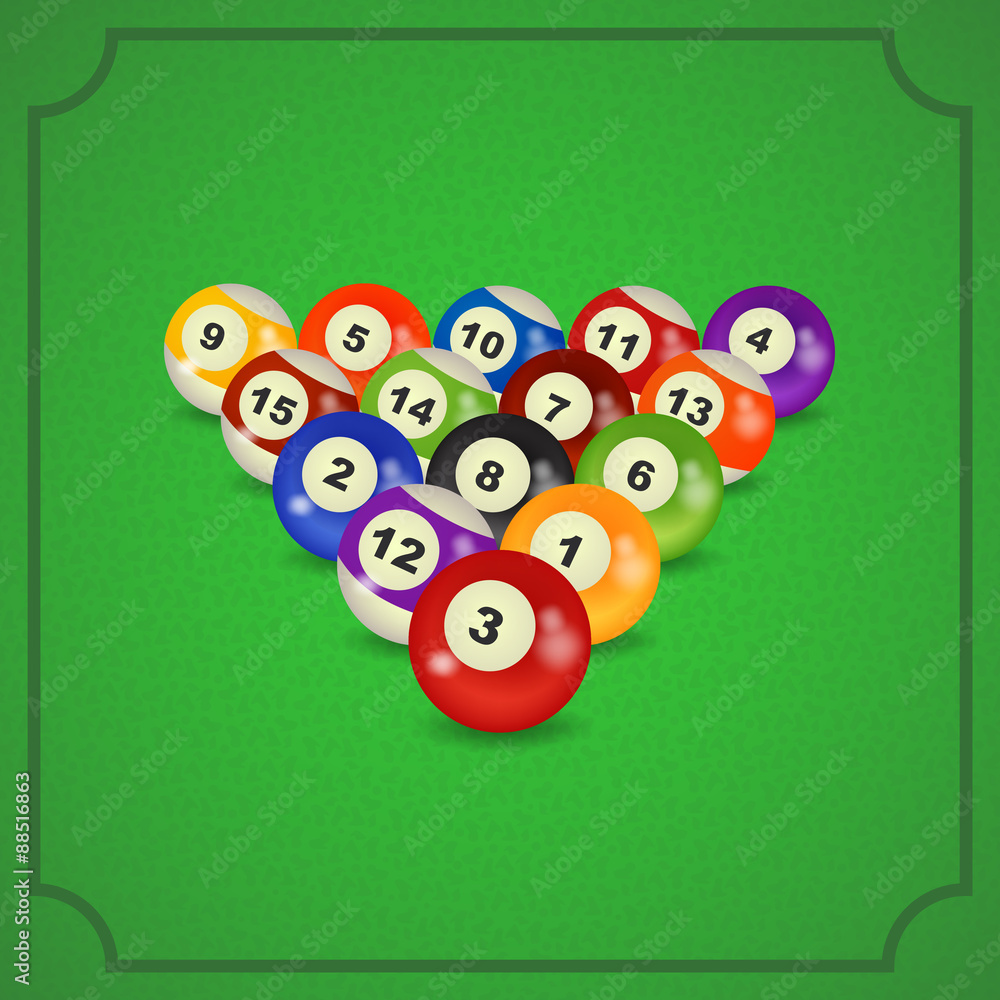 set of billiard balls, billiards, American set of billiard balls, billiards, American