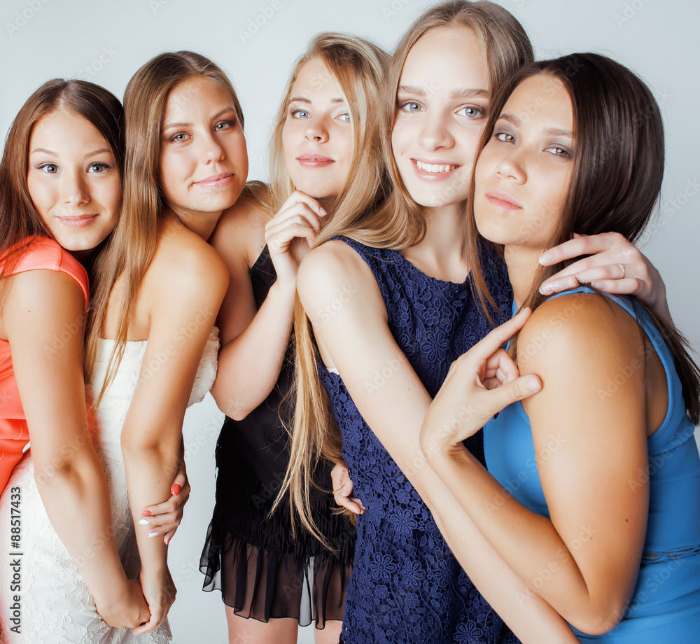 many girlfriends hugging celebration on white background many girlfriends hugging celebration on white background