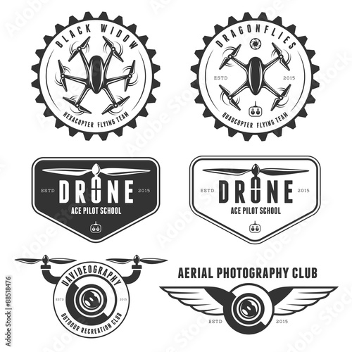 Vector set of drone flying club labels, badges, design elements.