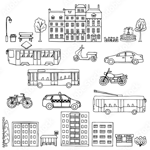 Set urban hand drawn transportation