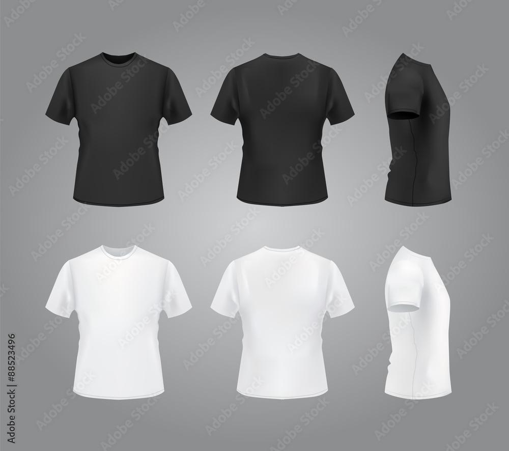 T-shirt template, front, side, back view. Black and white t-shirts on ...