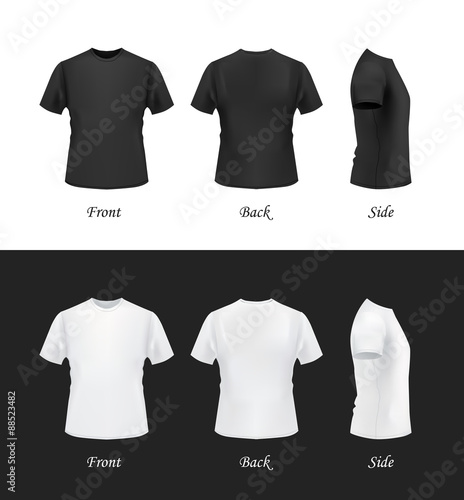T-shirt template, front, side, back view. Black and white t-shirts on white and black backgrounds