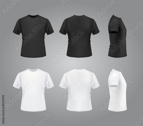 T-shirt template, front, side, back view. Black and white t-shirts on white and black backgrounds.