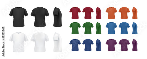 T-shirt template colorful collection isolated on white background, front, side, back view. 