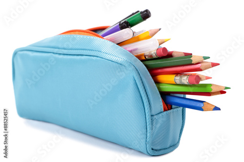 Tela Pencil case full of crayons and pencils isolated on white background photo
