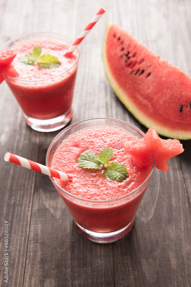 Healthy watermelon smoothie with of watermelon in star shape on Healthy watermelon smoothie with of watermelon in star shape on