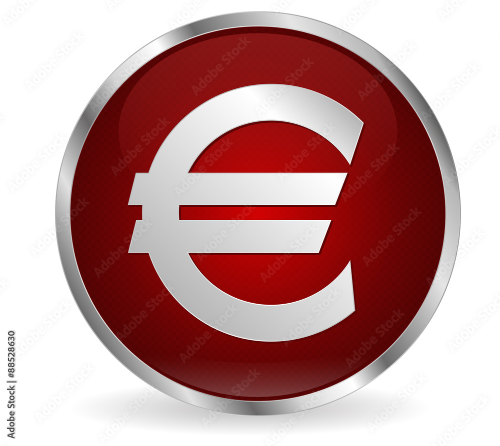 Euro button, round red web icon with metallic frame. Euro button, round red web icon with metallic frame.