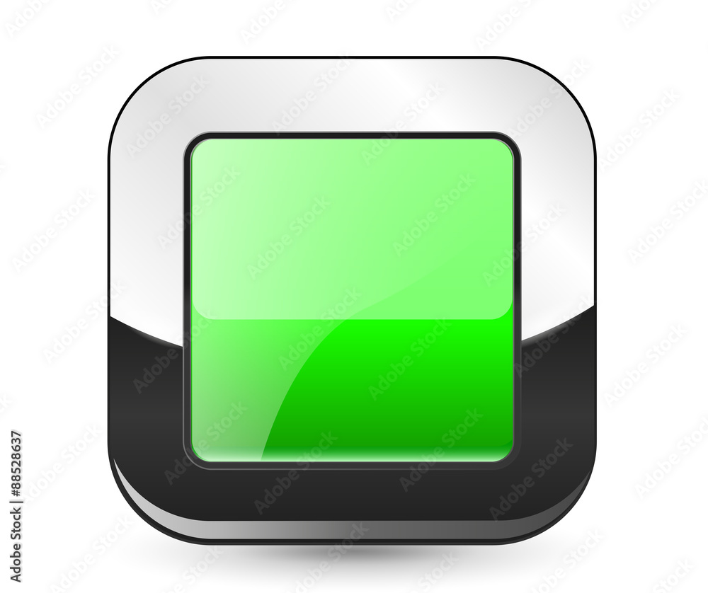 Glass button. Green Rounded square web icon with metallic frame Glass button. Green Rounded square web icon with metallic frame