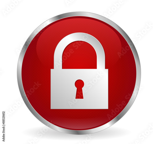 Closed lock button, round red web icon with metallic frame