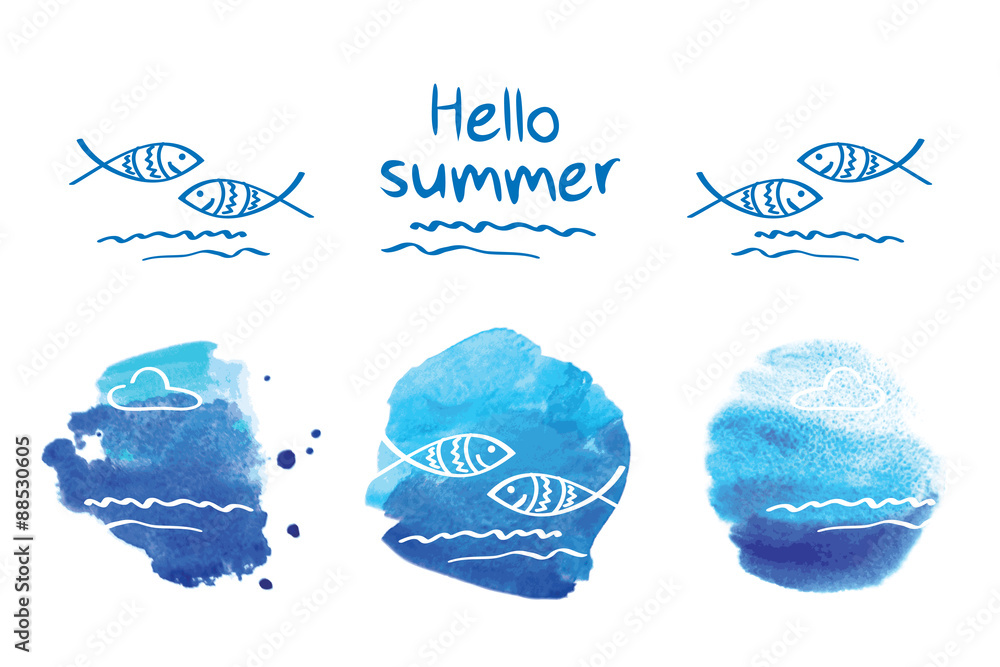 Hello July Fish Frame Hello summer. Symbol of summer. Cloud and fish on the blue watercolor ...