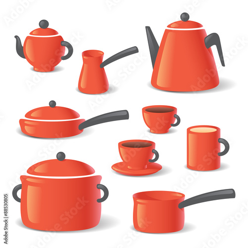 red kitchen stuff tableware vector set